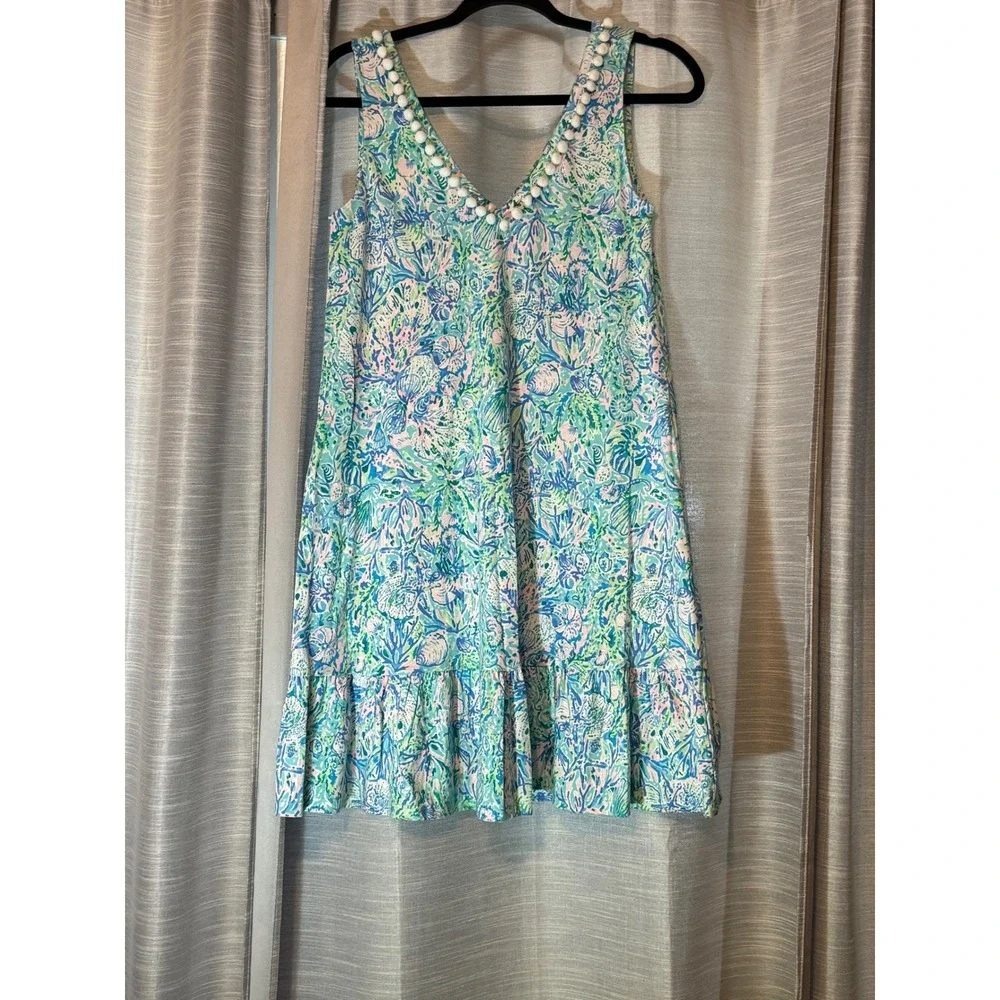 Lilly Pulitzer Camilla Swing Dress Sz XS V-Neckline Pom-Pom Trim 100% Cotton EUC